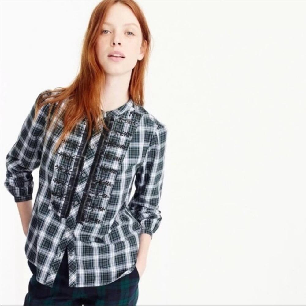 J. Crew Beaded Embellished Forest Green Tartan Plaid Shirt M